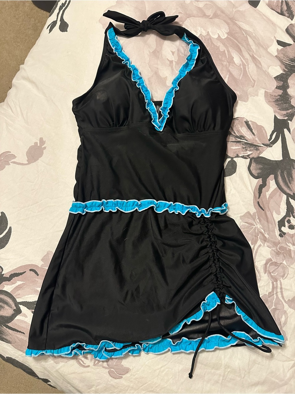 Black Halter Swimdress with Turquoise Ruffle Trim - Women Intimates & Sleepwear